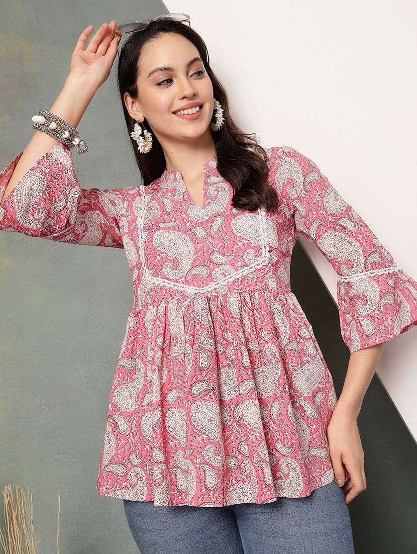women printed three quarter sleeve tiered kurti - 22041014 -  Zoom Image - 0