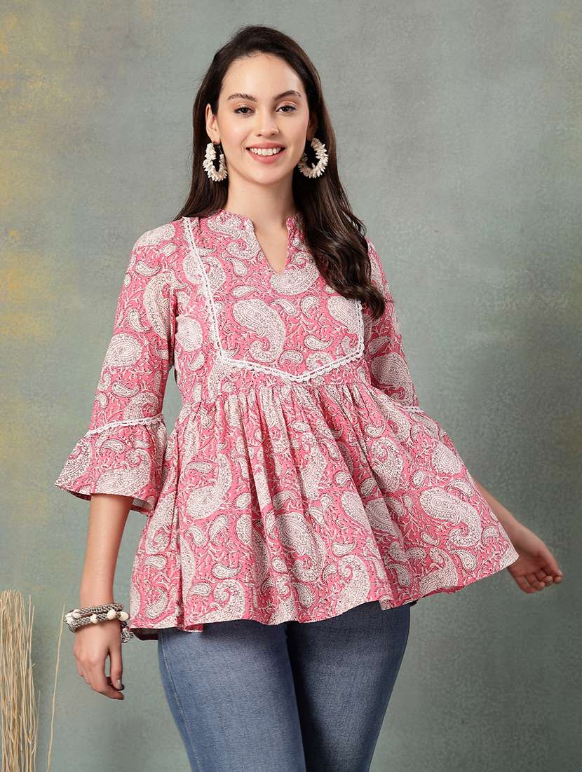 women printed three quarter sleeve tiered kurti - 22041014 - Standard Image - 2