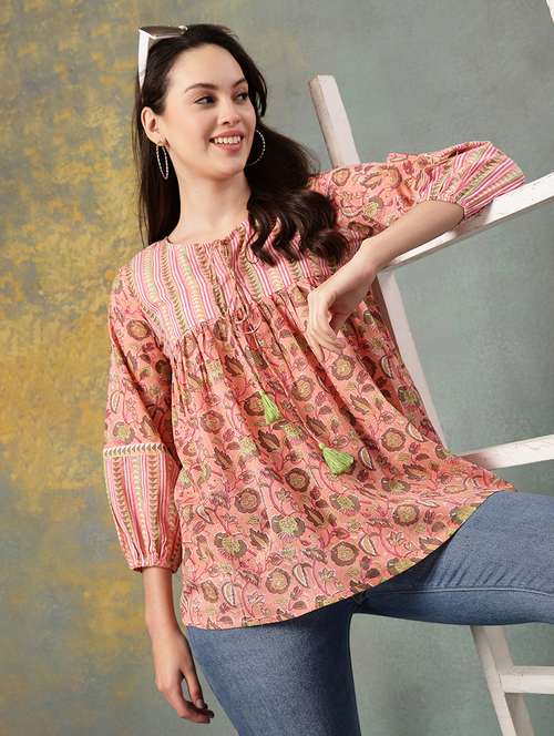 women printed tie up neck a-line top - 22041015 - Standard Image - 0