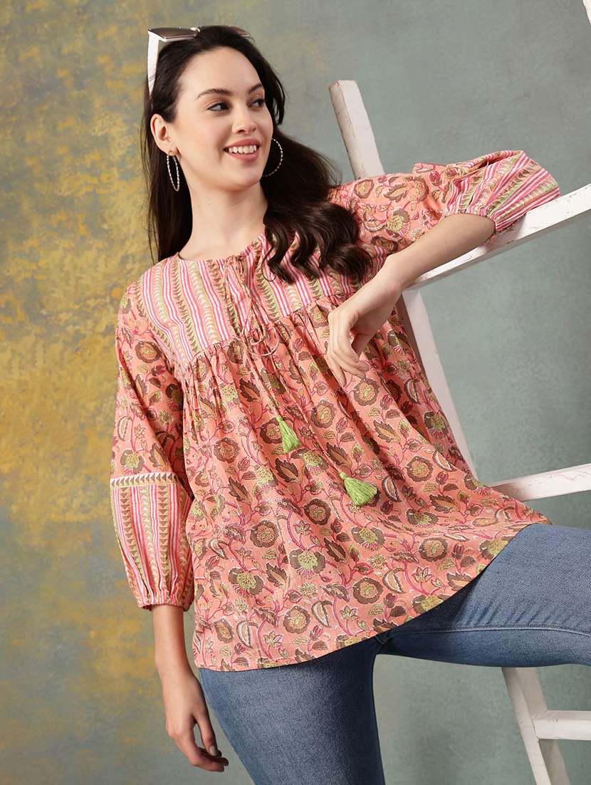 women printed tie up neck a-line top - 22041015 - Zoom Image - 0