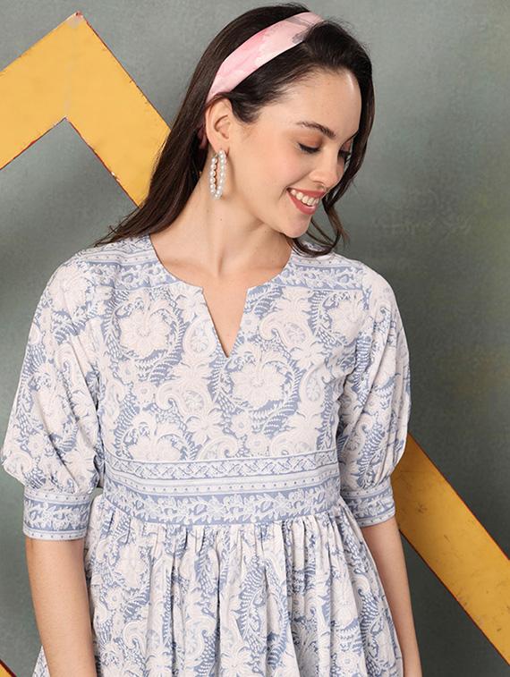 women printed puff sleeve a-line kurti - 22041018 - Standard Image - 2