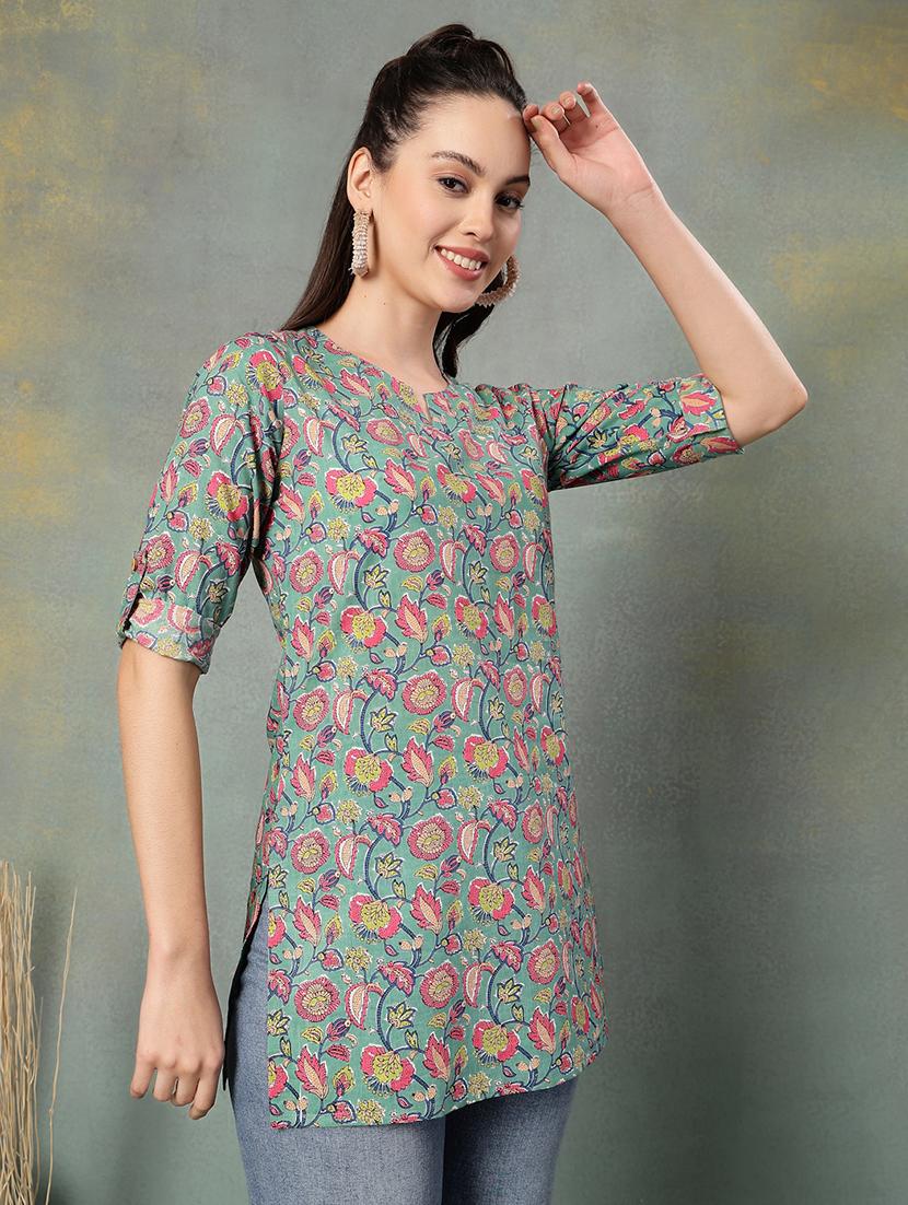 women printed three quarter sleeve straight kurti - 22041032 - Standard Image - 2
