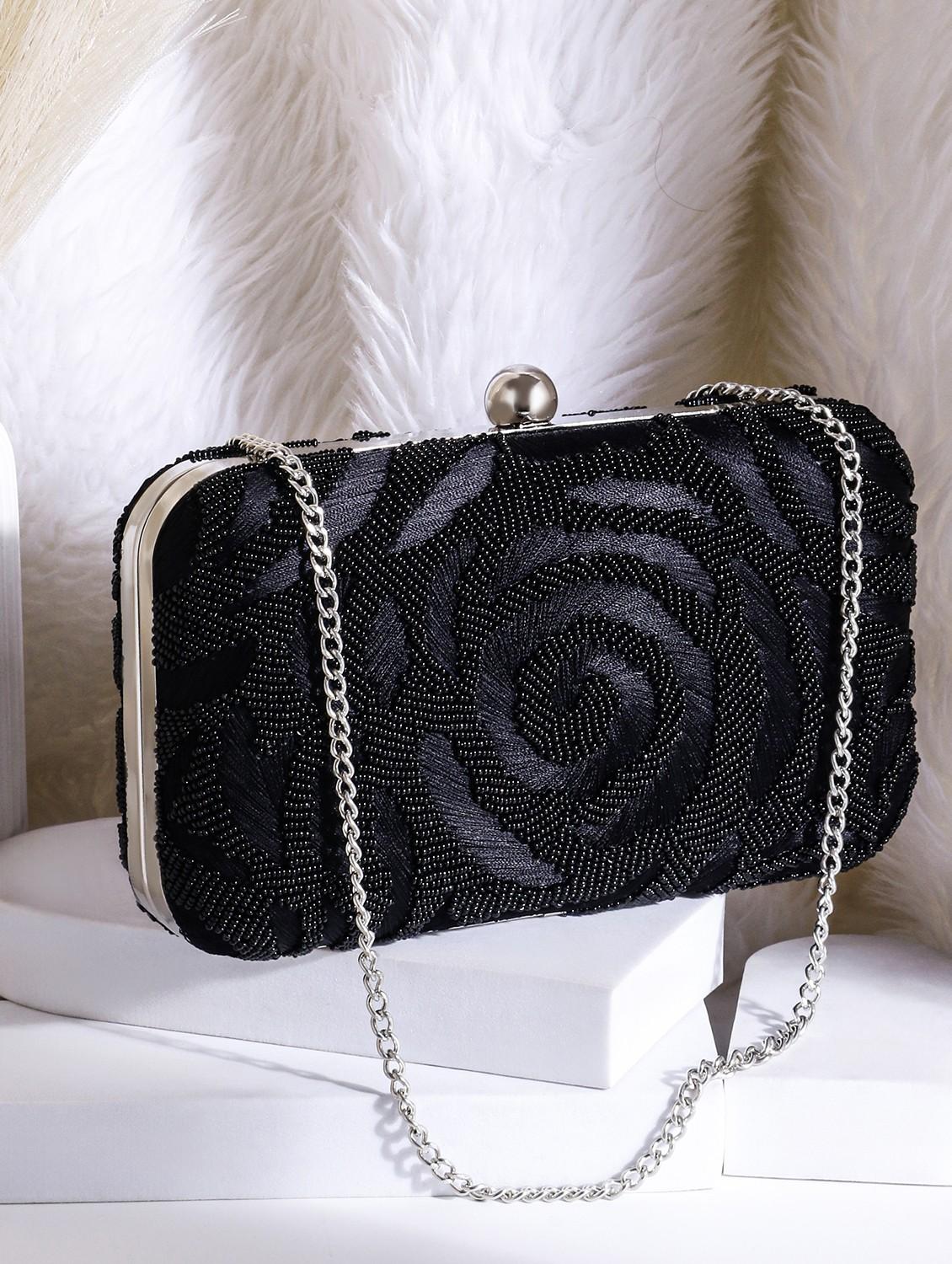black zari work suede box clutch - 22041129 -  Zoom Image - 0