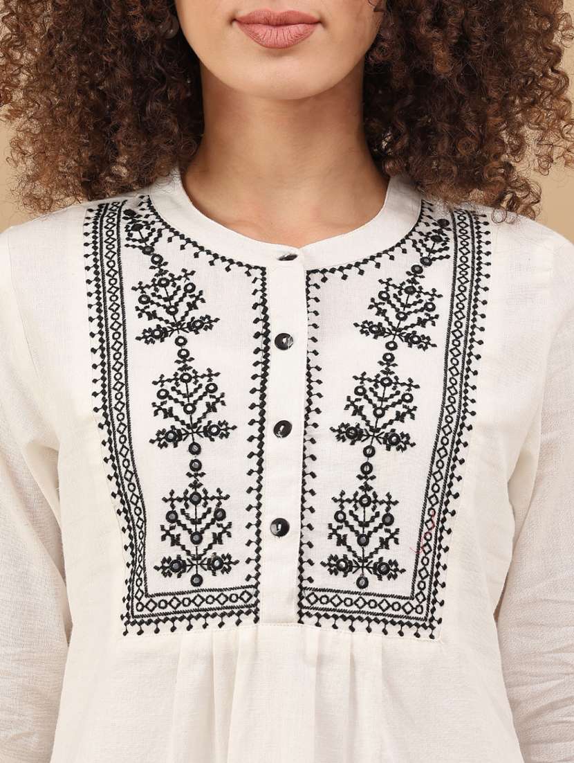 women solid with work three quarter sleeve a-line kurti - 22041271 -  Standard Image - 2