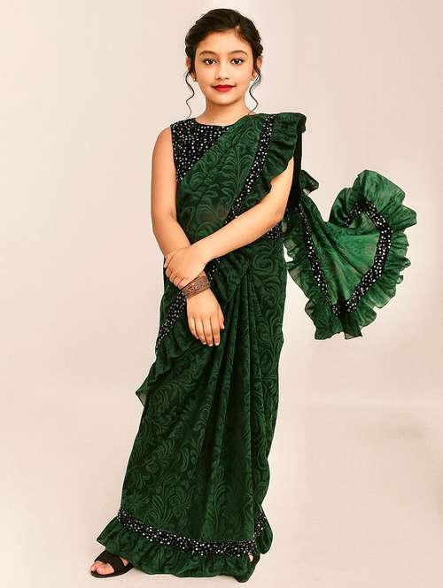 girls embellished ready to wear ruffle saree - 22041274 - Standard Image - 0