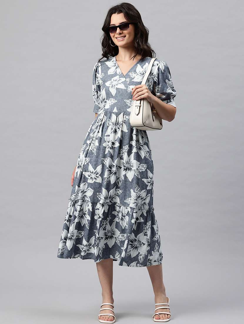 women floral print puff sleeve tiered dress