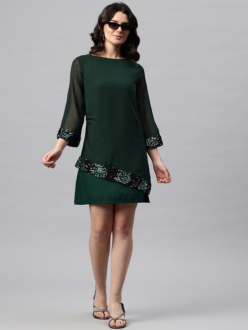 women green sequined long sleeve a-line dress - 22041297 - Standard Image - 0