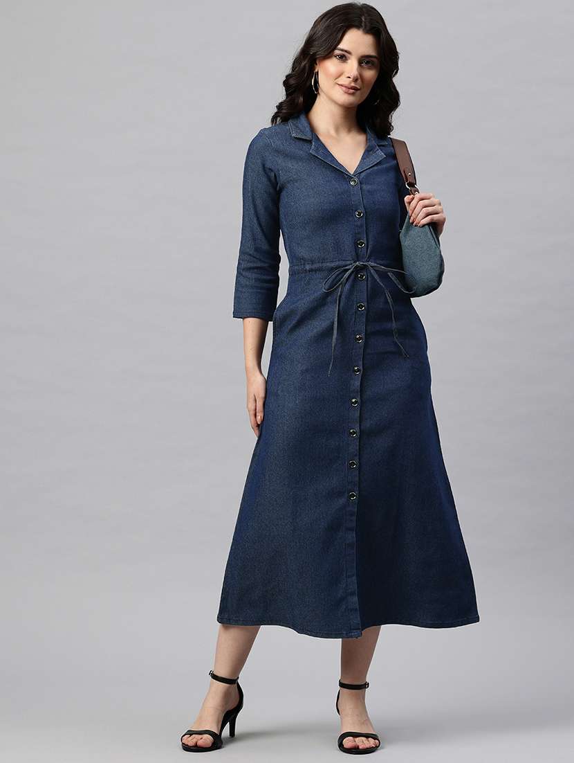 women solid lapel neck shirt denim dress