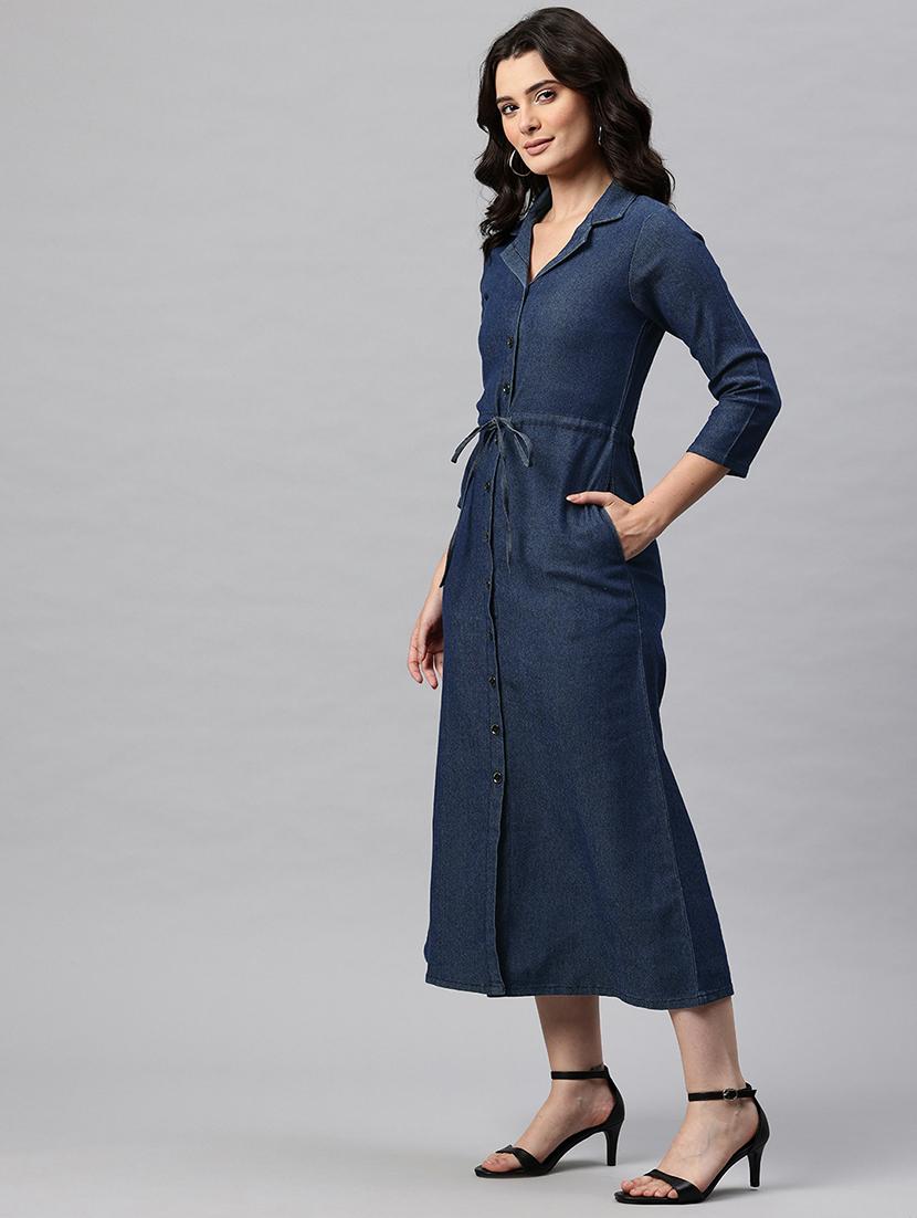 women solid lapel neck shirt denim dress - 22041300 - Standard Image - 2