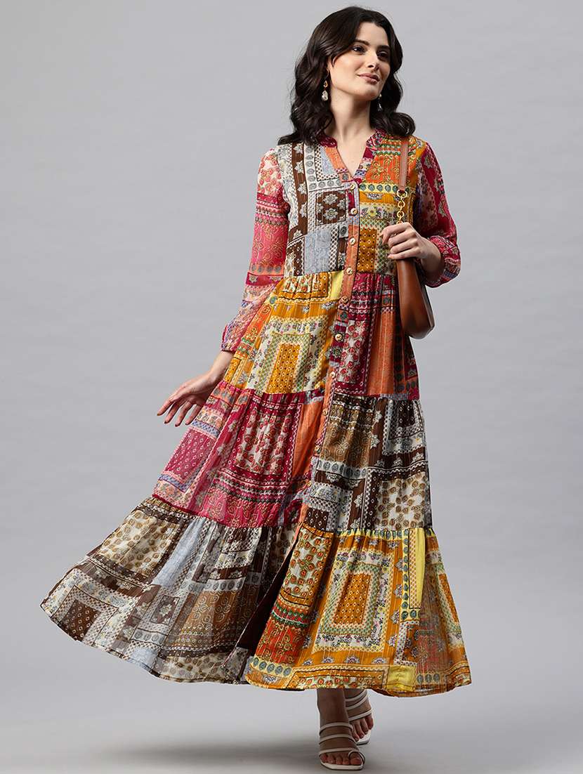 women printed mandarin neck long sleeve tiered dress