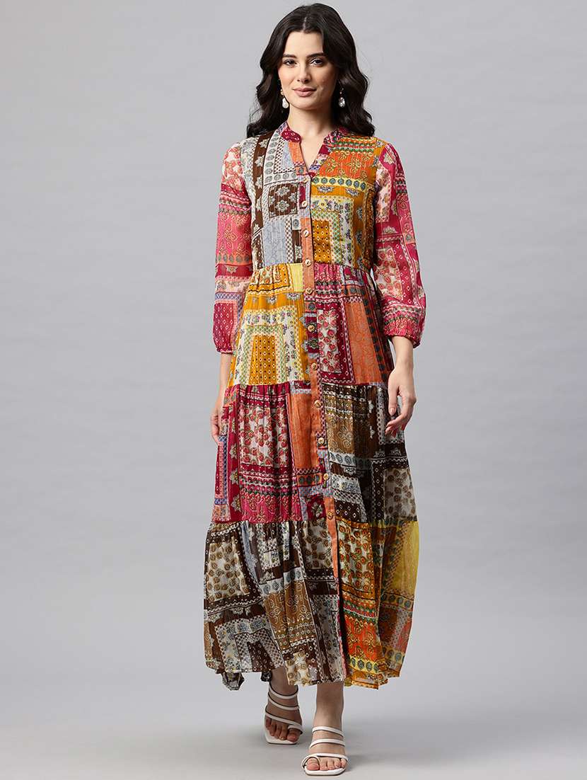 women printed mandarin neck long sleeve tiered dress - 22041305 - Standard Image - 2