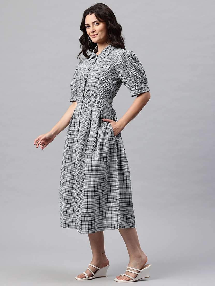 women checkered collared puff sleeve shirt dress - 22041312 -  Standard Image - 2