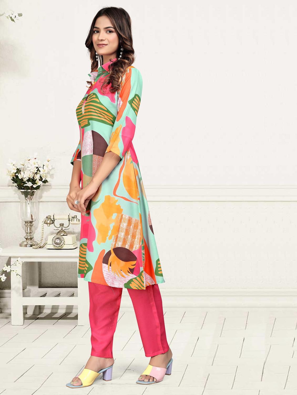 women printed three quarter sleeve ethnic co-ord set - 22041319 - Standard Image - 2