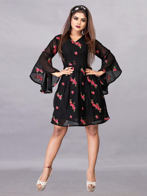 women embroidered flared sleeve fit & flare dress - 22041324 - Standard Image - 0