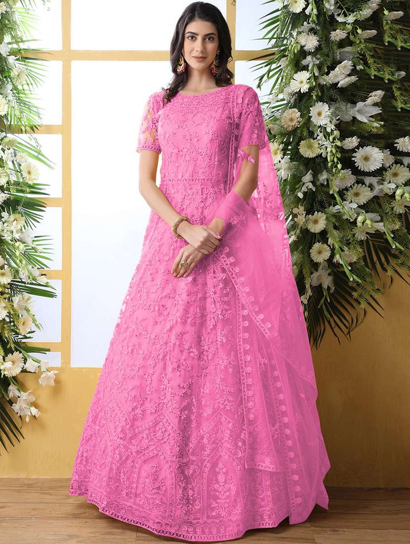 women embroidered fit & flare gown with dupatta