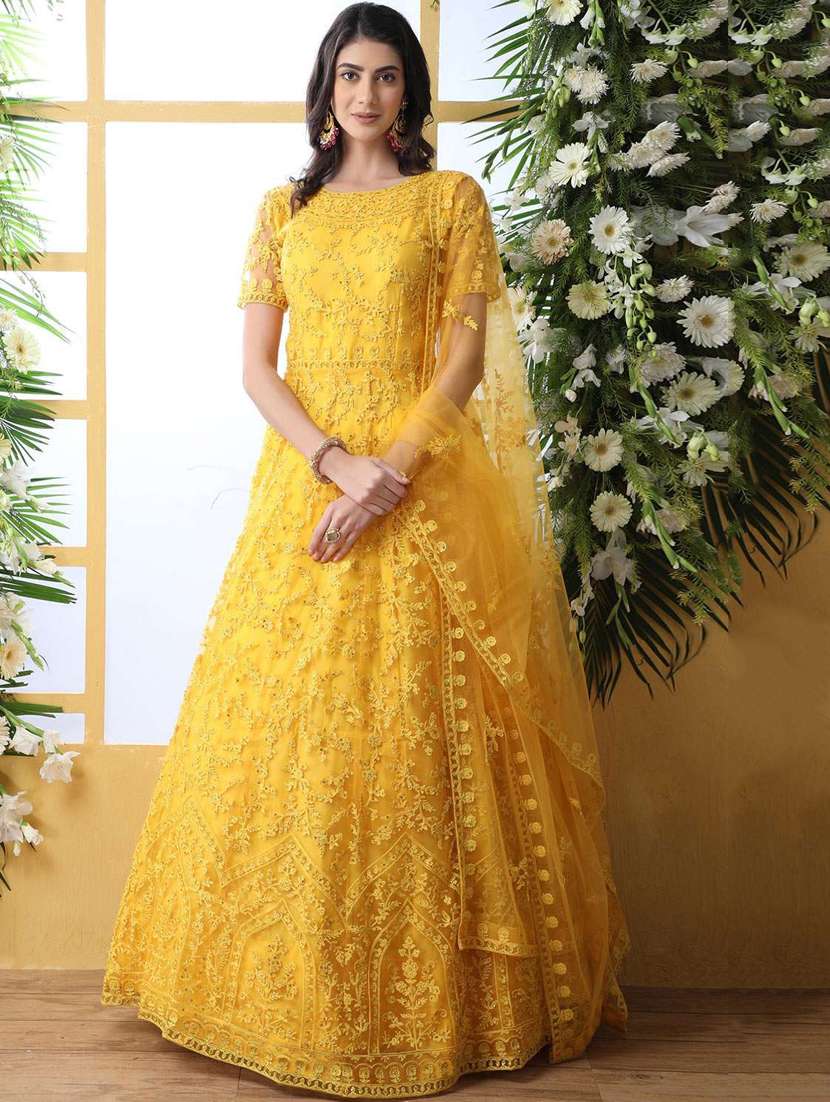 women embroidered fit & flare gown with dupatta