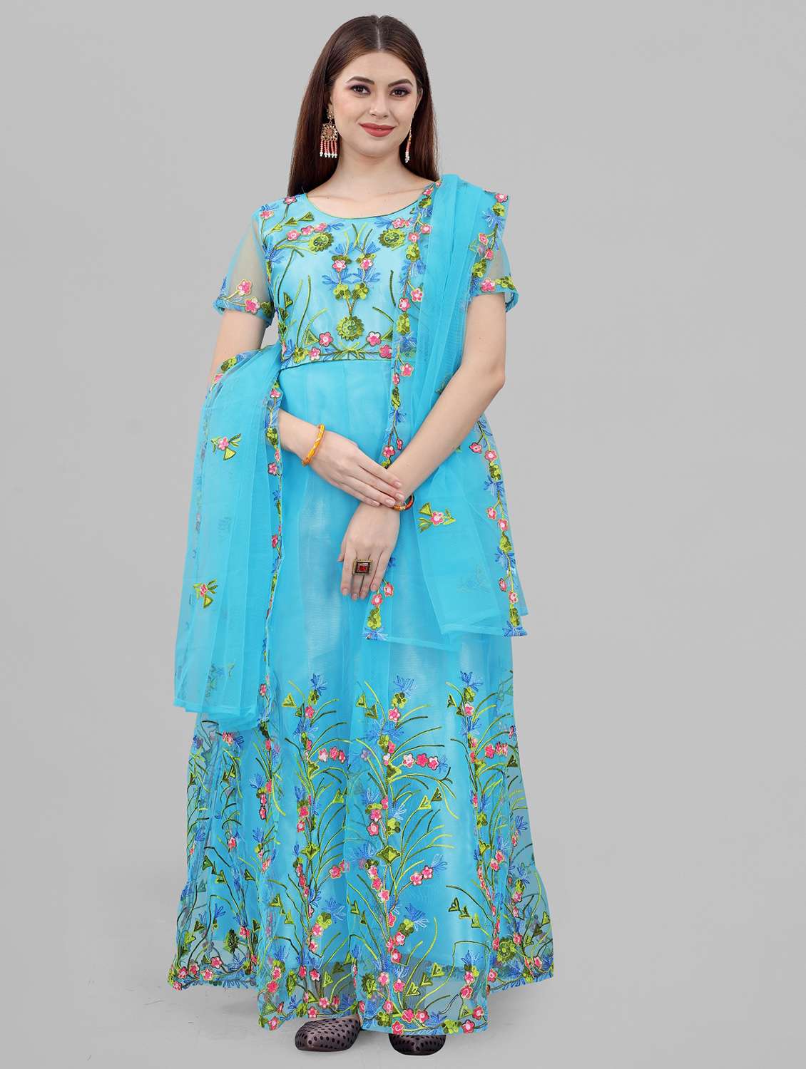women embroidered fit & flare gown with dupatta - 22041342 - Standard Image - 2