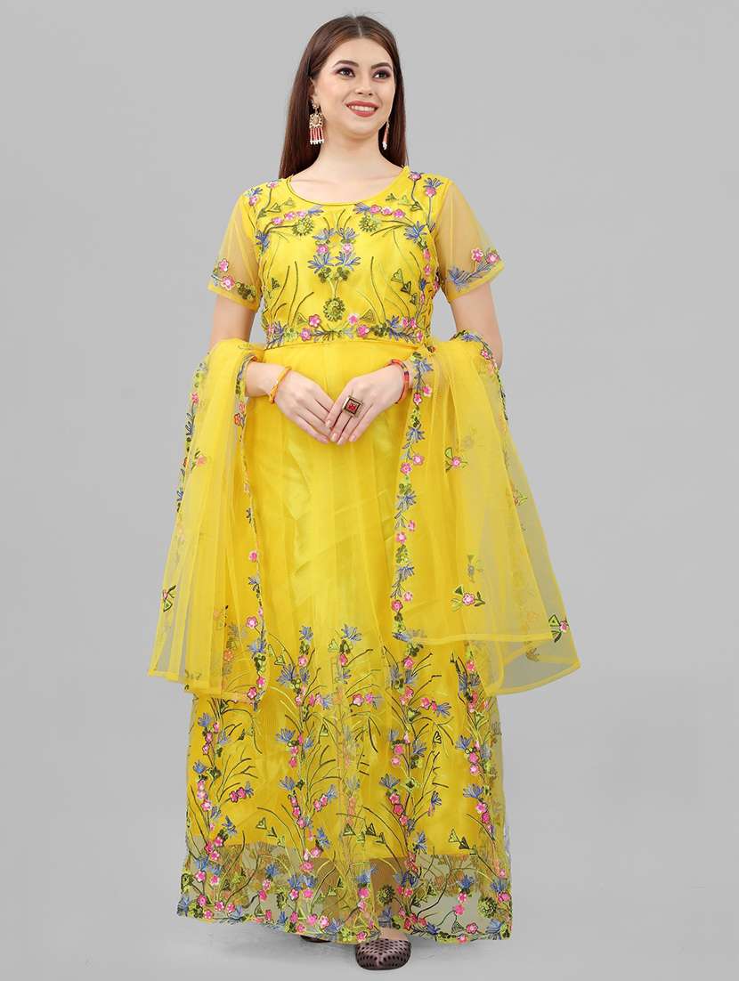 women embroidered fit & flare gown with dupatta - 22041346 - Standard Image - 2