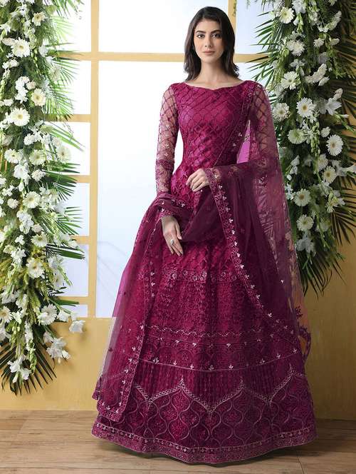 women embroidered long sleeve fit & flare gown with dupatta - 22041362 -  Standard Image - 0