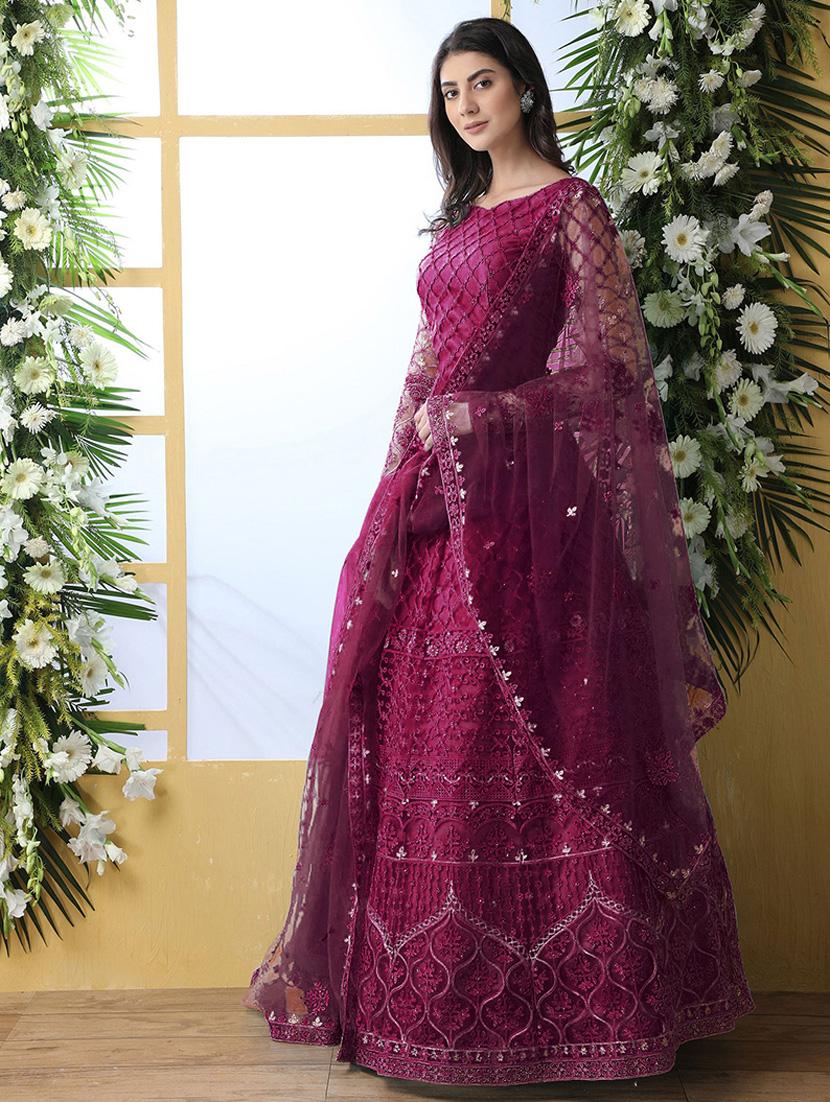 women embroidered long sleeve fit & flare gown with dupatta - 22041362 - Standard Image - 2