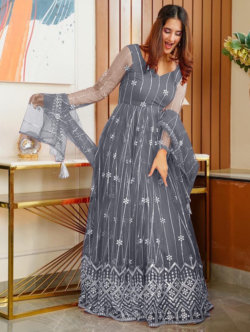 grey net fit & flare gown - 22041376 - Standard Image - 2
