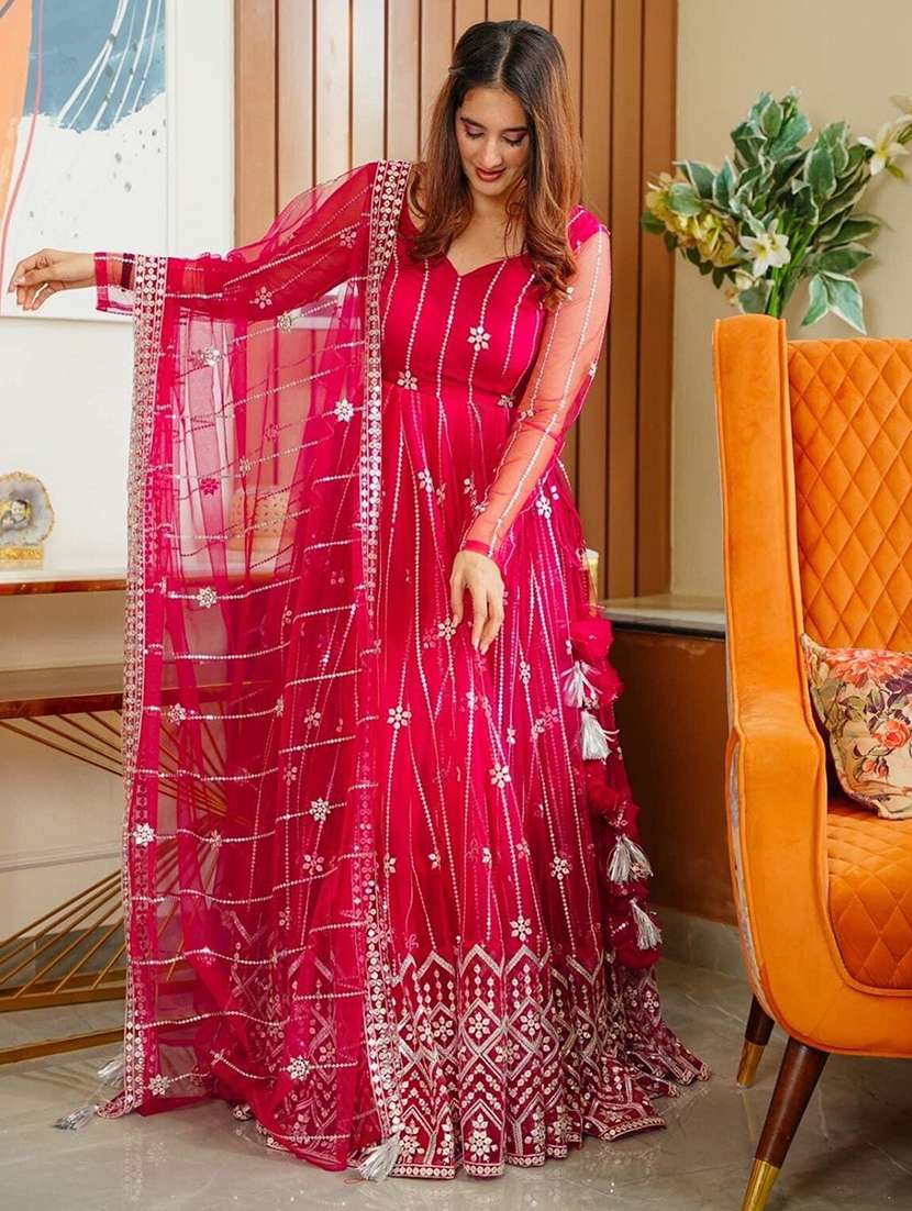 women embroidered fit & flare gown with dupatta