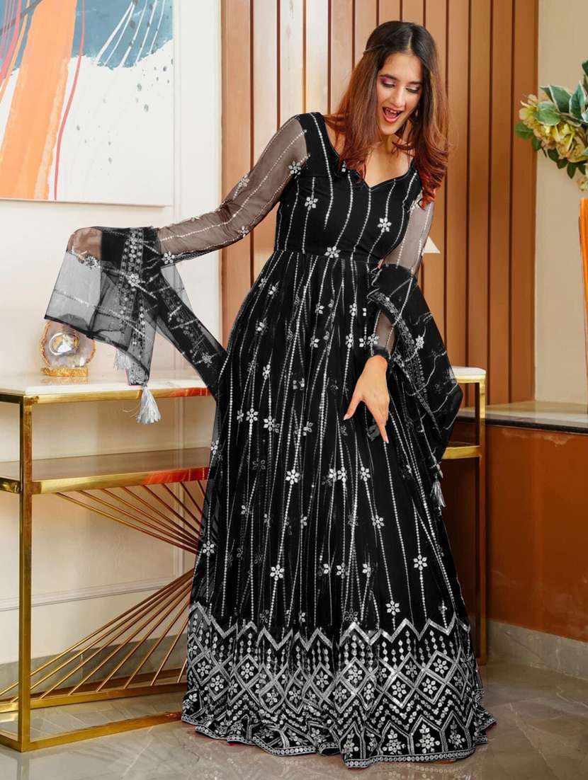 women embroidered fit & flare gown with dupatta - 22041379 -  Standard Image - 2