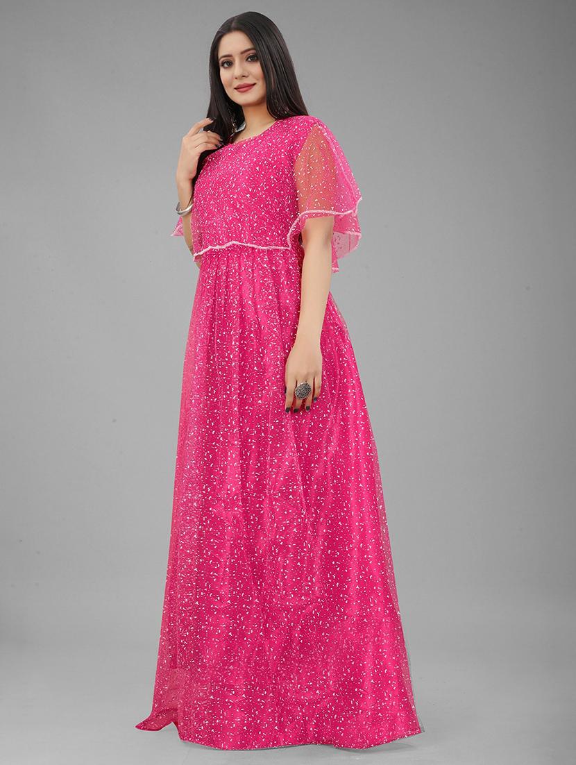 women printed cape sleeve fit and flared gown - 22041397 - Standard Image - 2