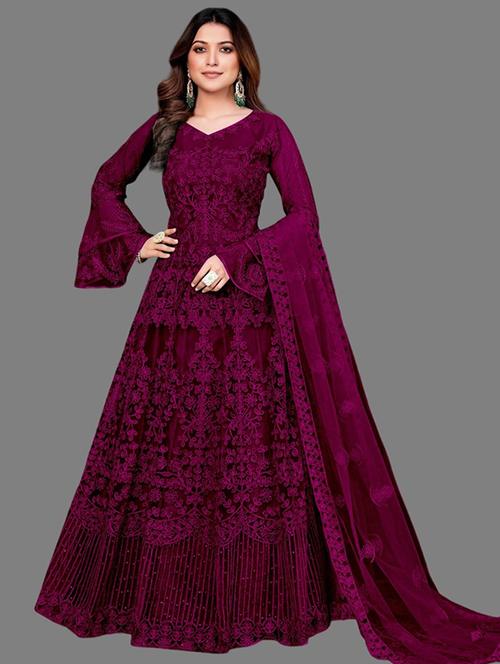 women embroidered fit & flare gown with dupatta - 22041403 - Standard Image - 0