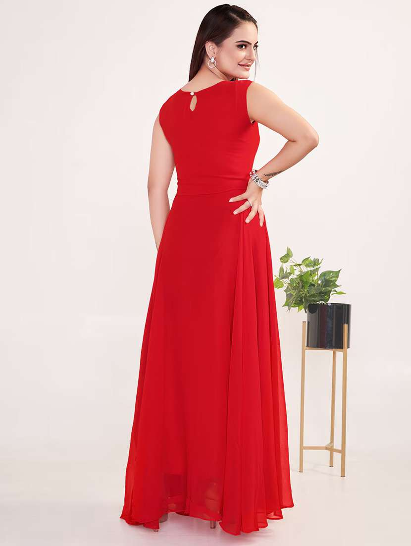 women solid sleeveless fit & flare stitched gown - 22041414 -  Standard Image - 2