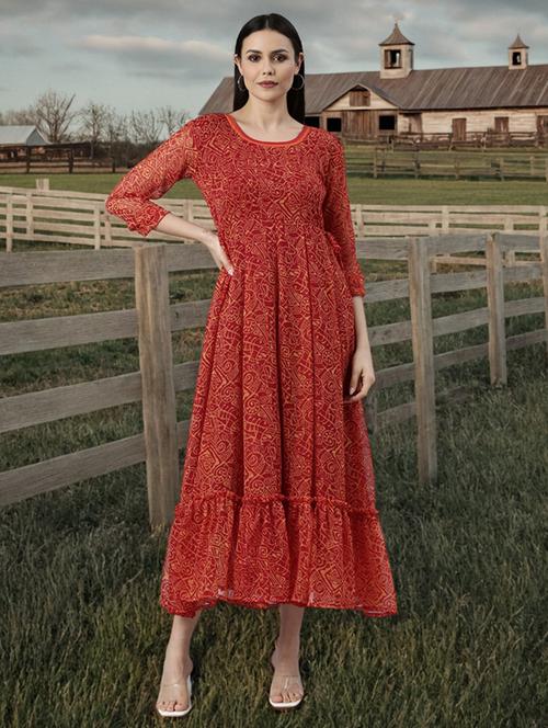 women printed three quarter sleeve tiered dress - 22041419 -  Standard Image - 0