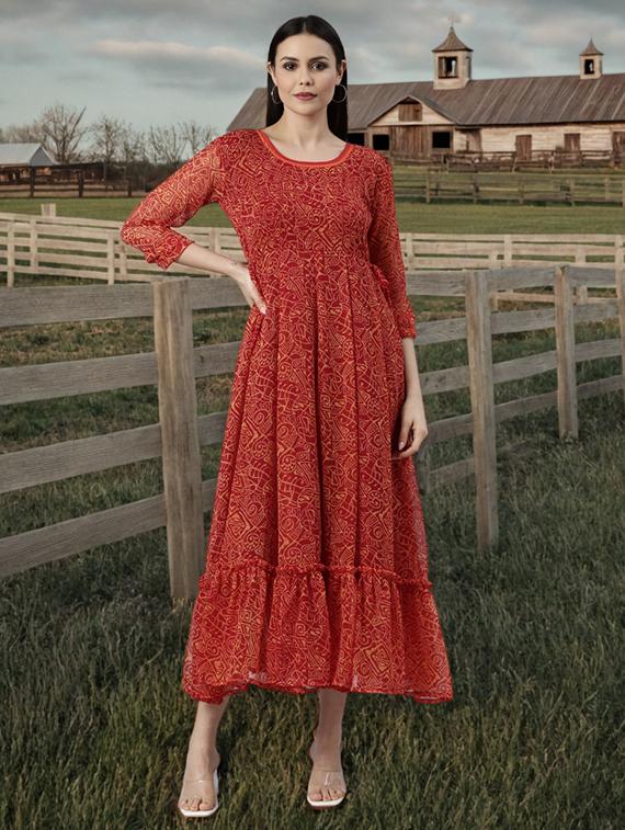 women printed three quarter sleeve tiered dress - 22041419 -  Zoom Image - 0