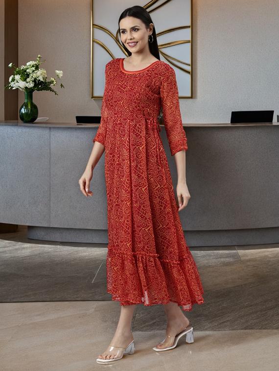 women printed three quarter sleeve tiered dress - 22041419 - Standard Image - 2