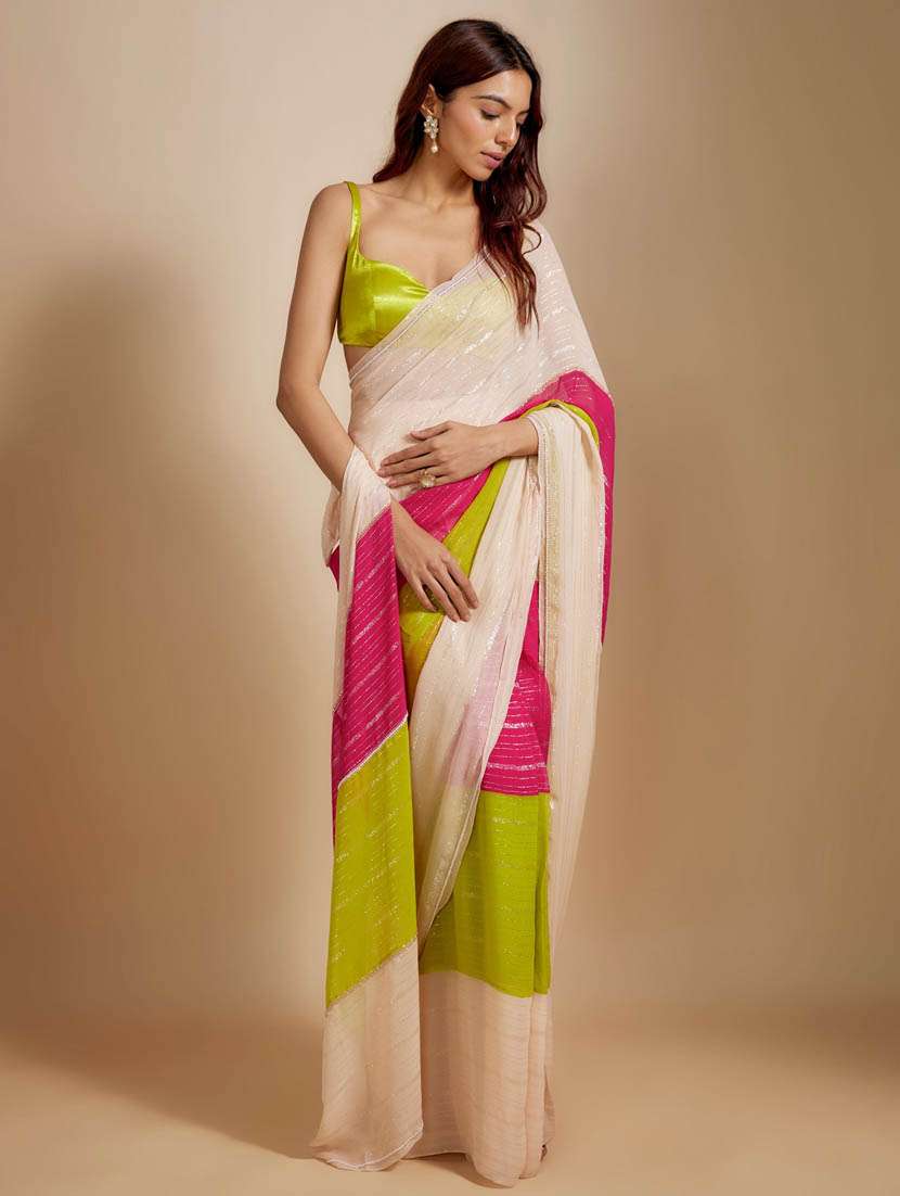women striped plain saree with blouse