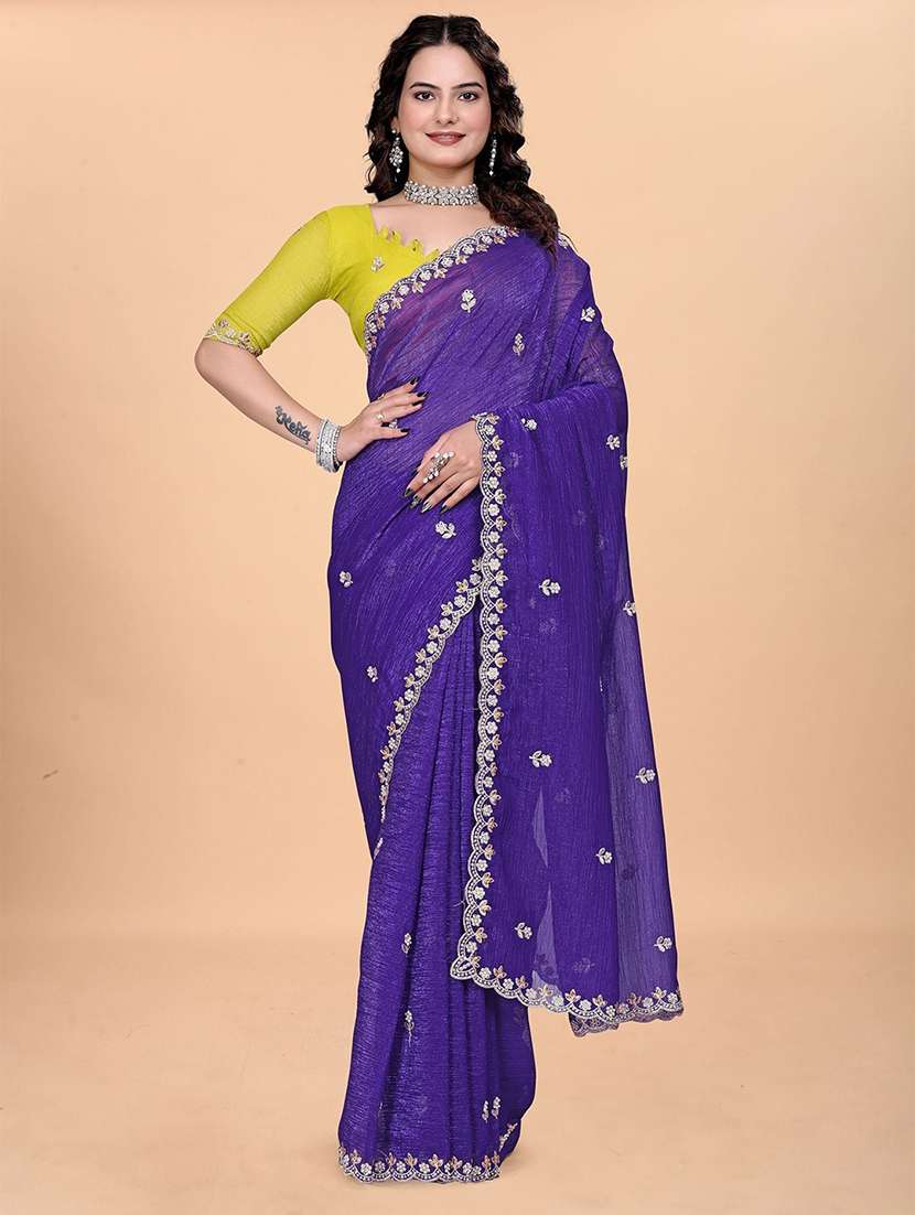 women solid with work embroidered saree with blouse