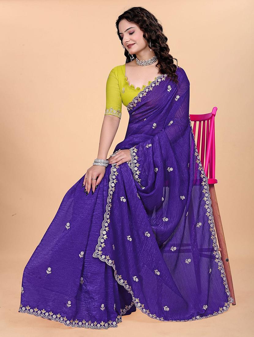 women solid with work embroidered saree with blouse - 22041621 - Standard Image - 2