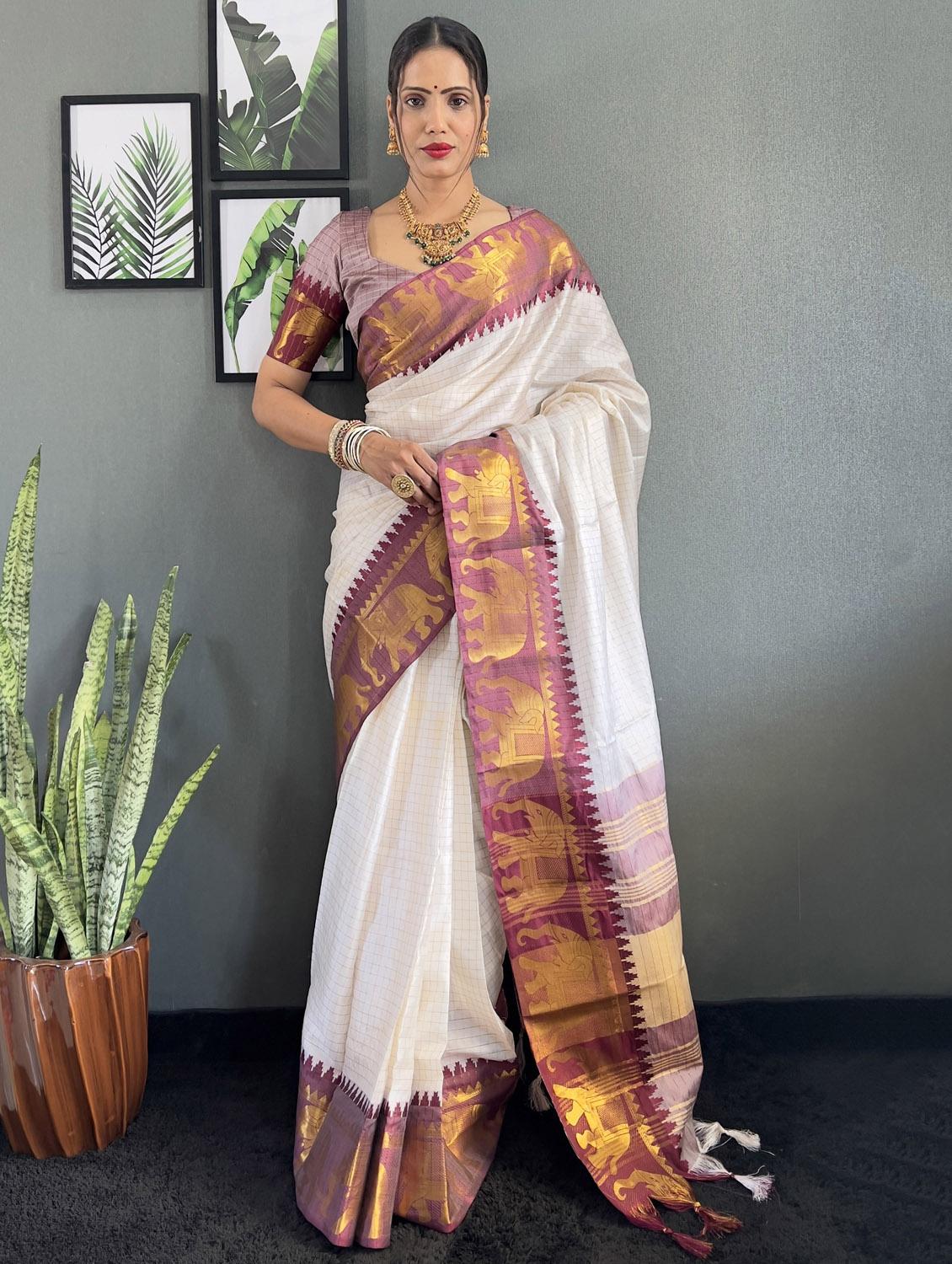 women checkered bordered saree with blouse - 22041629 - Zoom Image - 0