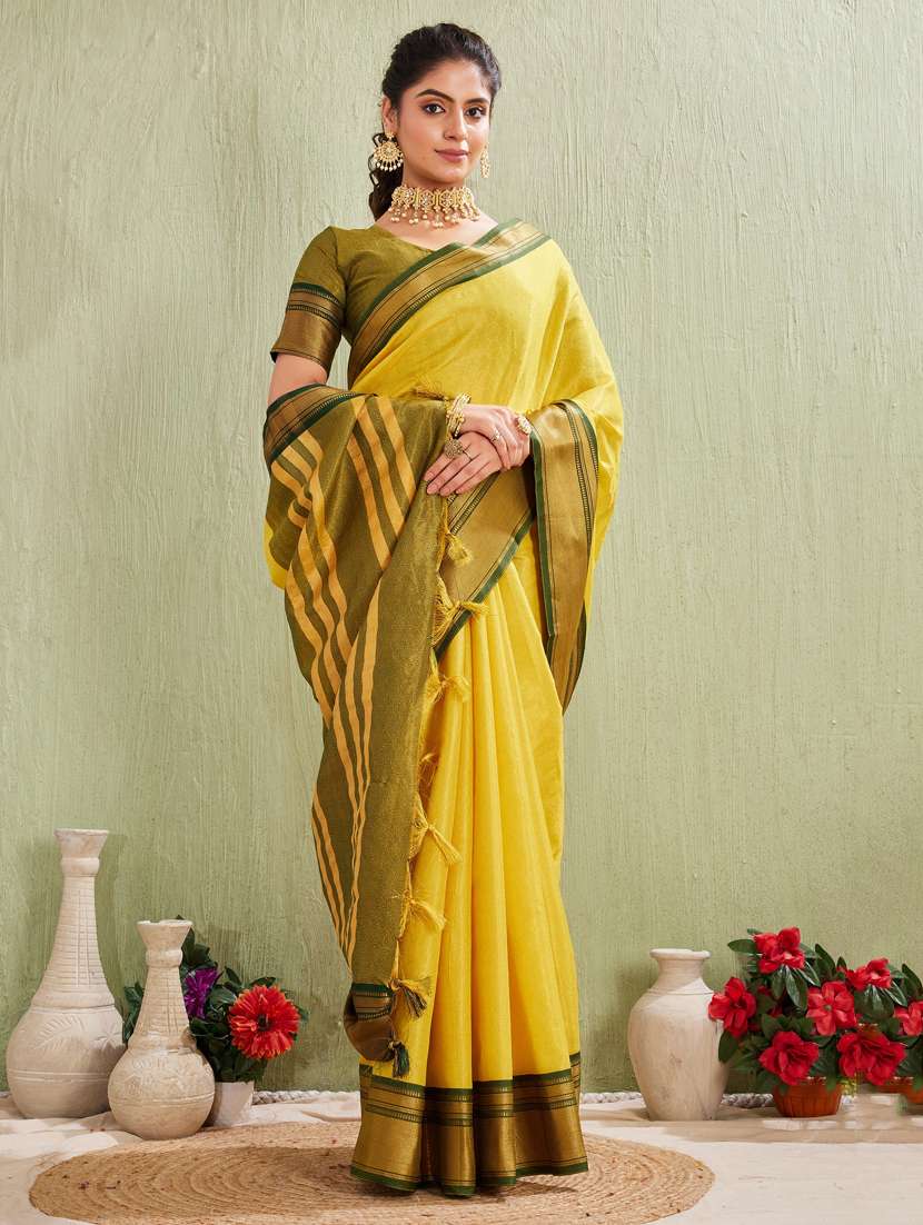 women solid with bordered saree with blouse - 22041728 -  Standard Image - 2