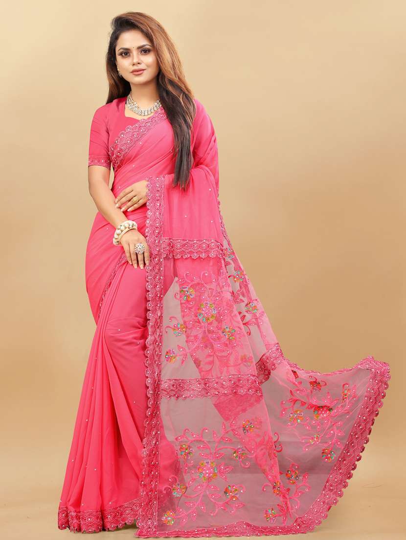 women solid with work embroidered saree with blouse