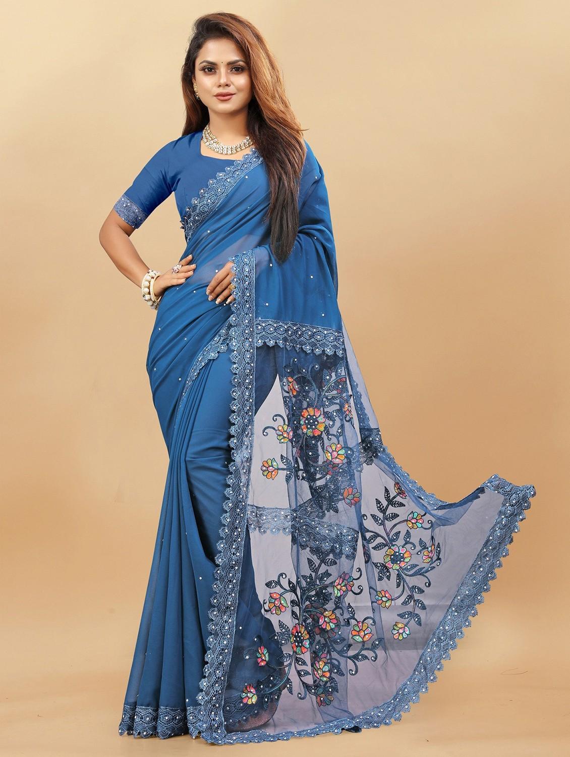 women solid with work embroidered saree with blouse - 22041844 - Zoom Image - 0