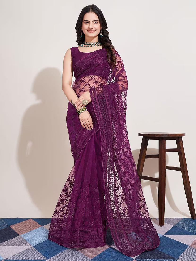 women solid with work embroidered saree with blouse - 22041878 - Zoom Image - 0