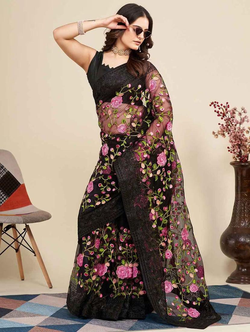 women solid with work embroidered saree with blouse - 22041887 -  Zoom Image - 0
