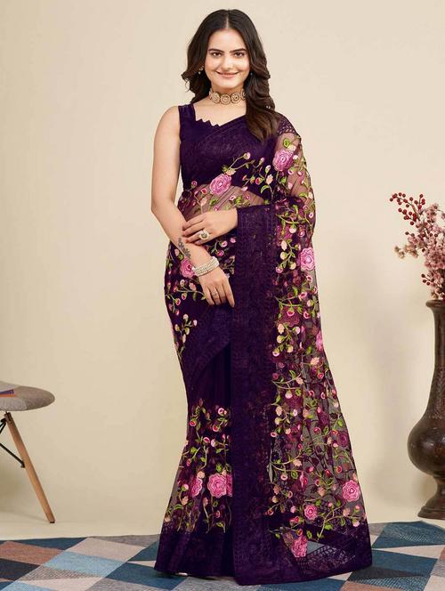 women solid with work embroidered saree with blouse - 22041890 - Standard Image - 0