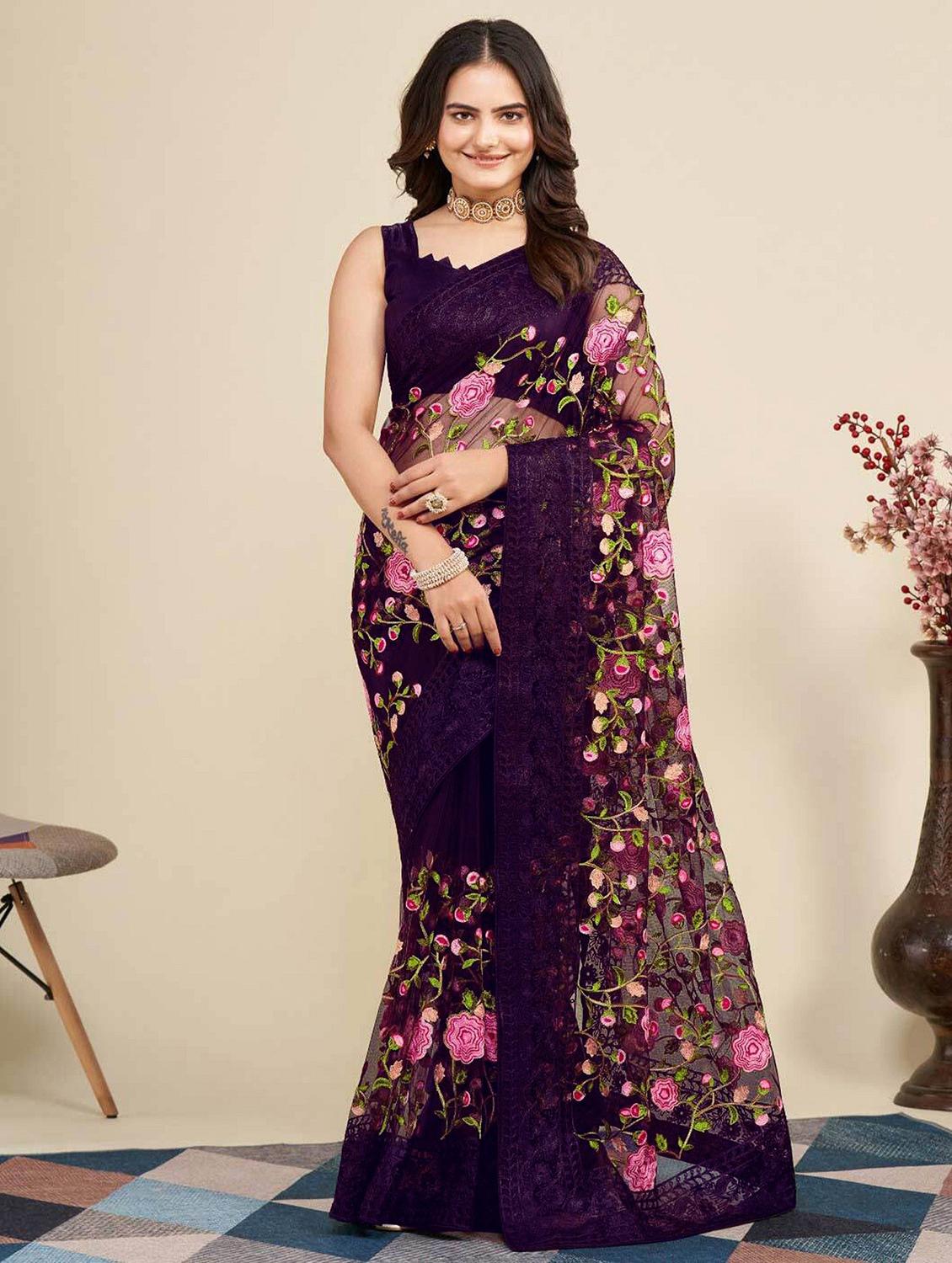 women solid with work embroidered saree with blouse - 22041890 - Zoom Image - 0