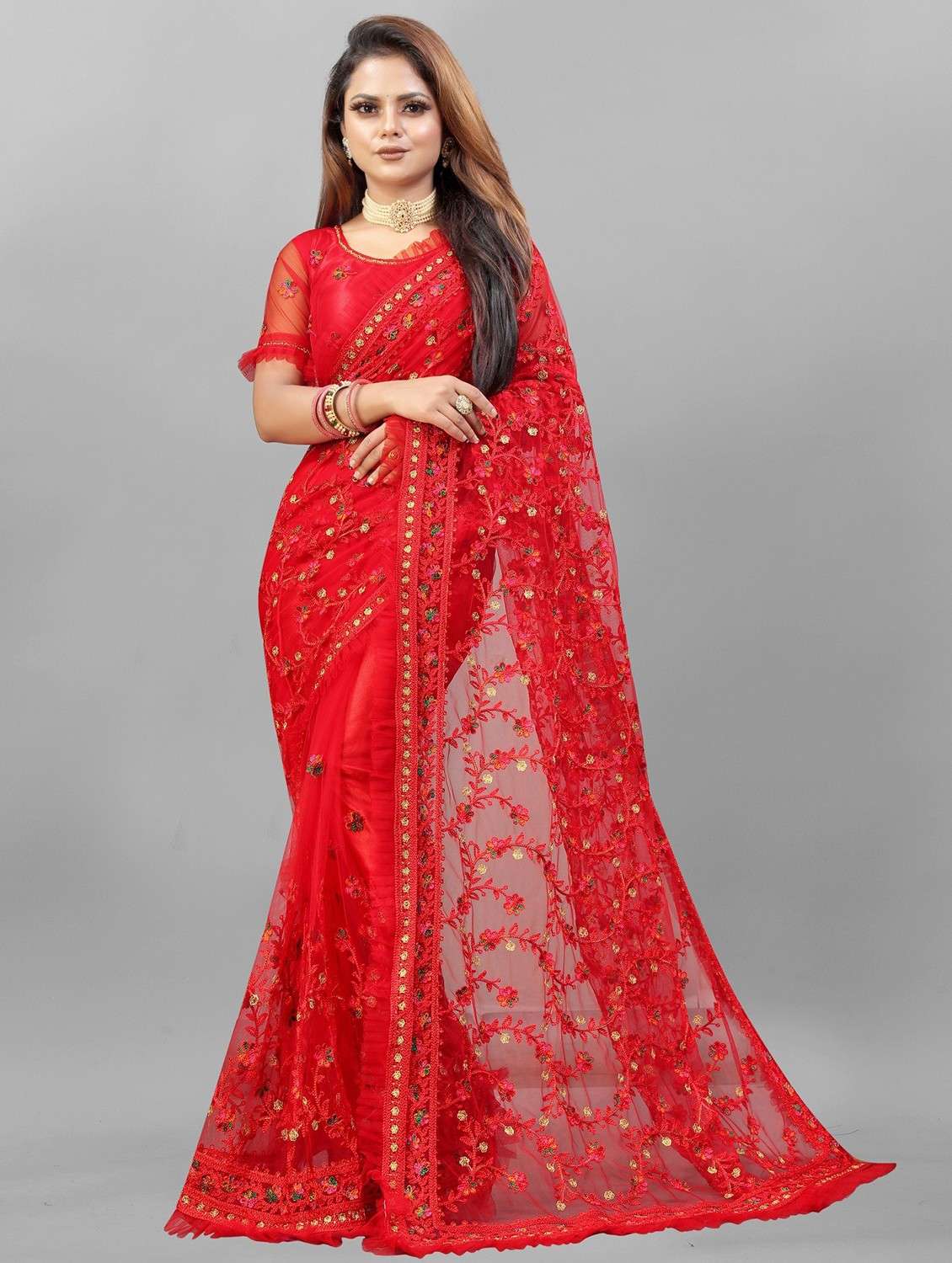 women solid with work embroidered saree with blouse