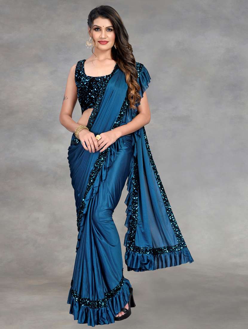 women solid with ruffle bordered saree with blouse - 22041937 - Standard Image - 2