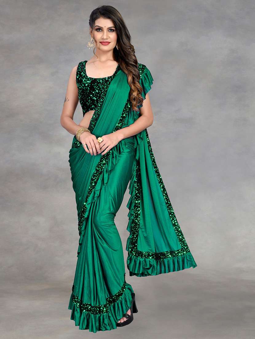 women solid with ruffle bordered saree with blouse - 22041938 - Standard Image - 2