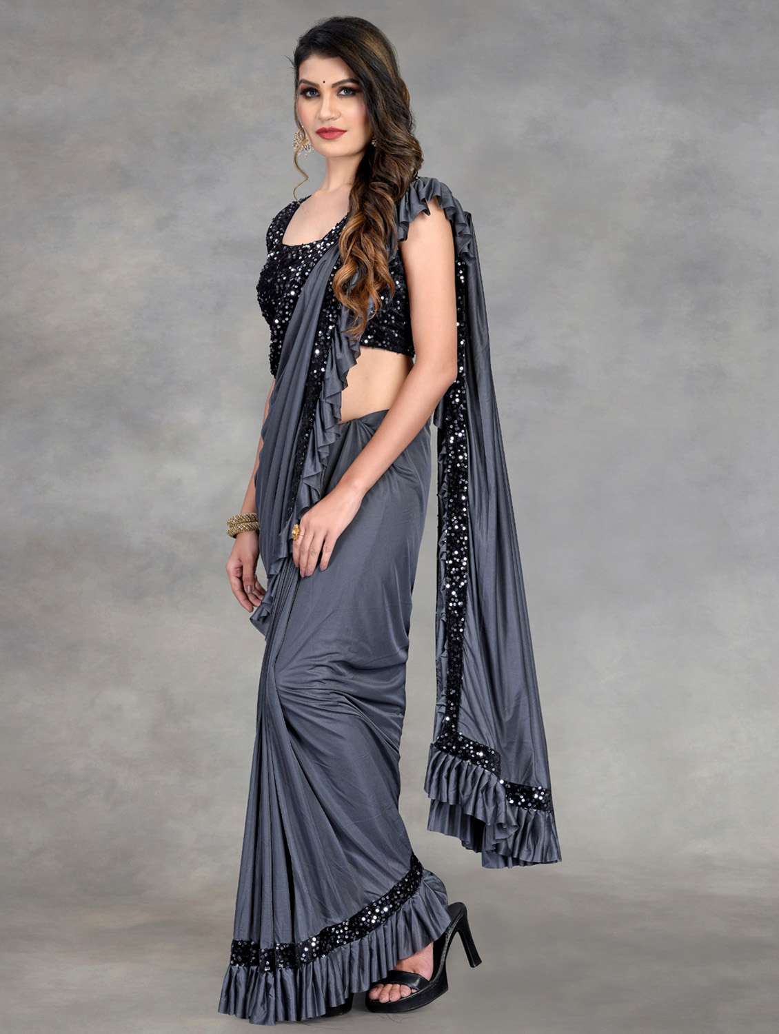 women solid with ruffle bordered saree with blouse - 22041939 -  Standard Image - 2