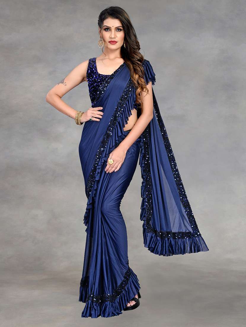 women solid with ruffle bordered saree with blouse - 22041941 -  Standard Image - 2