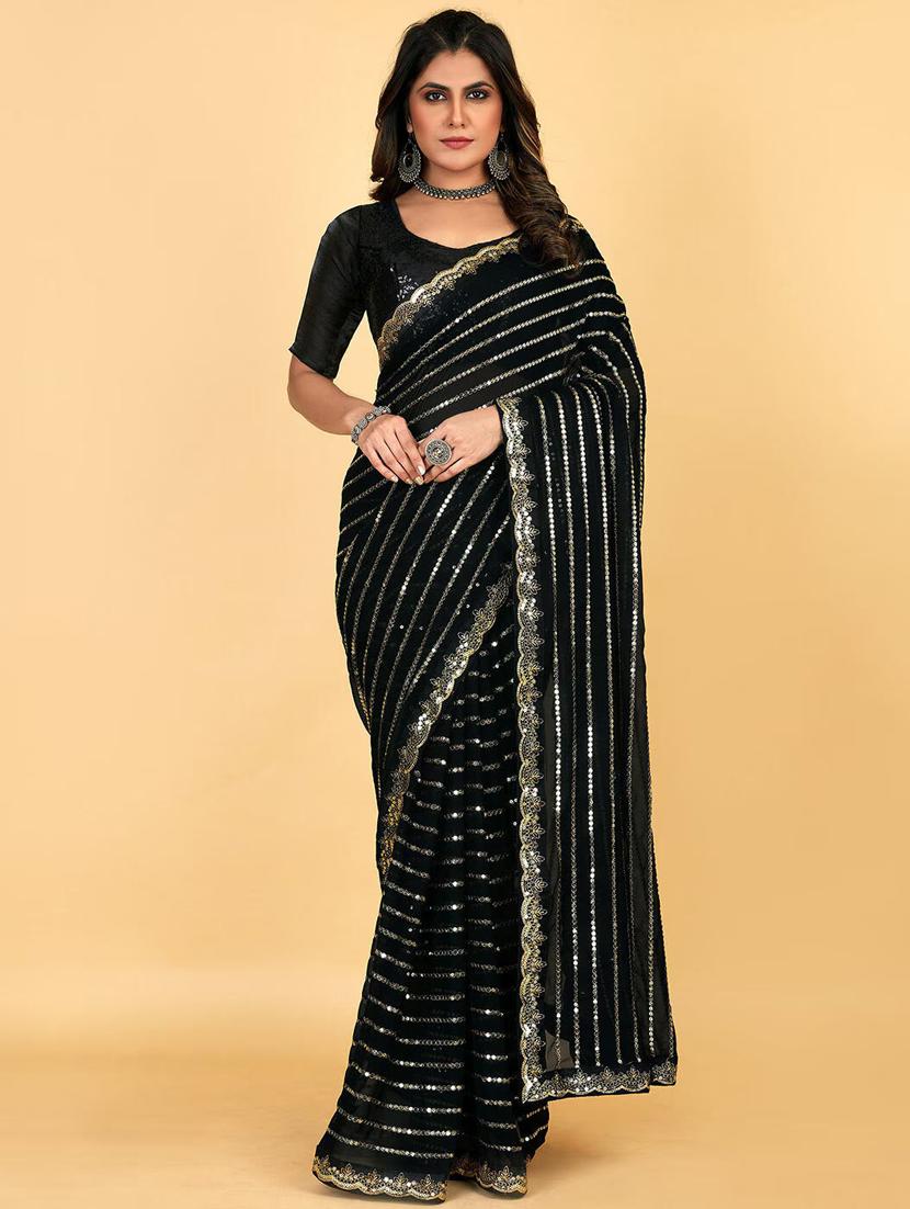 women solid with work embroidered saree with blouse - 22041960 - Zoom Image - 0